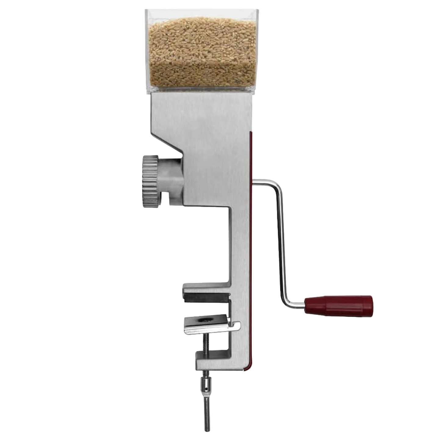 Deluxe compact grain mill with metal body, clear hopper filled with grains, and red handle for kitchen gadgets collection