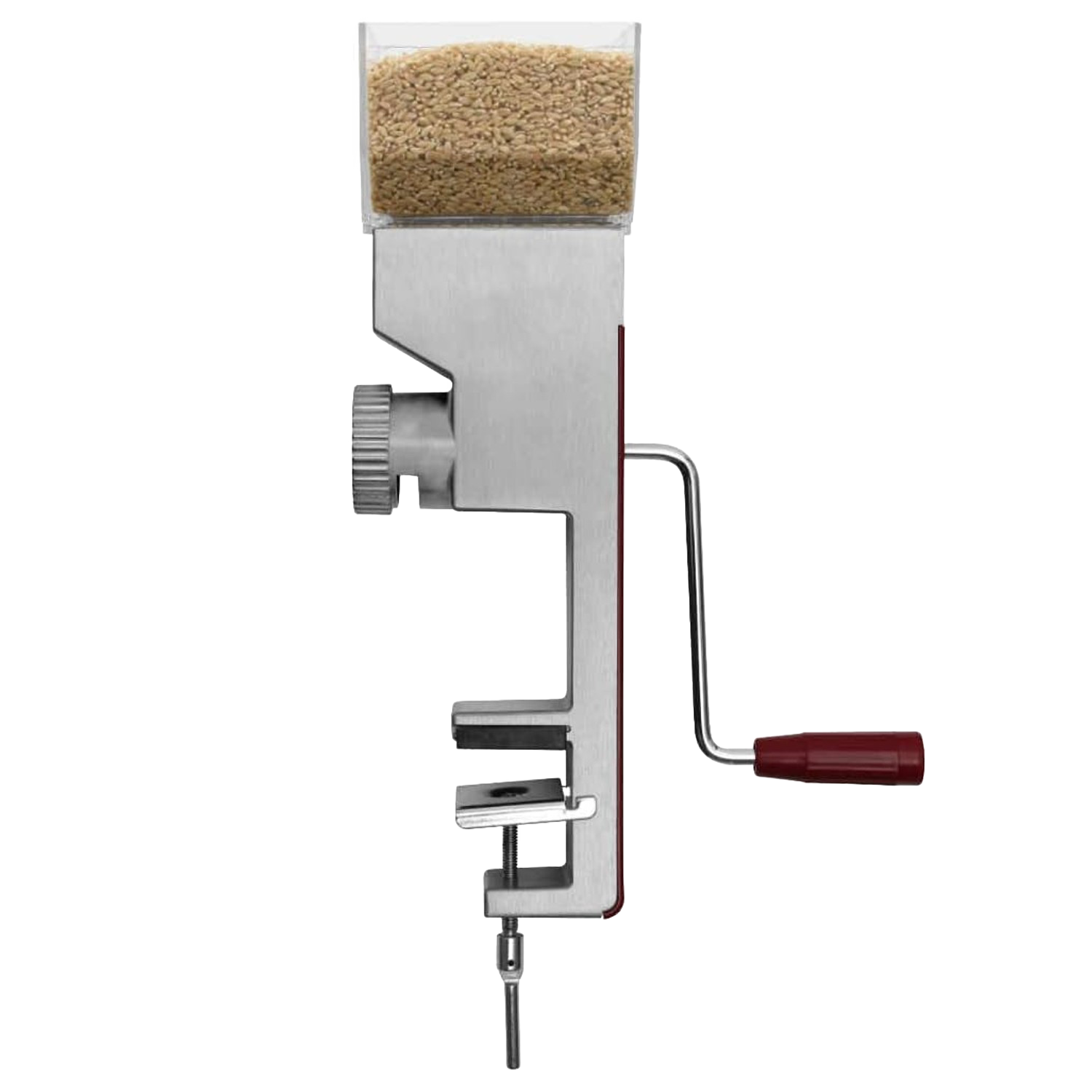 Deluxe compact grain mill with metal body, clear hopper filled with grains, and red handle for kitchen gadgets collection