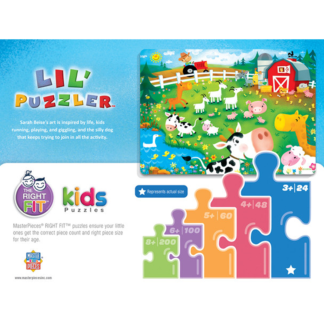 Brightly colored 24-piece farm puzzle with barn, animals, pond, and sunny outdoor scene for young children
