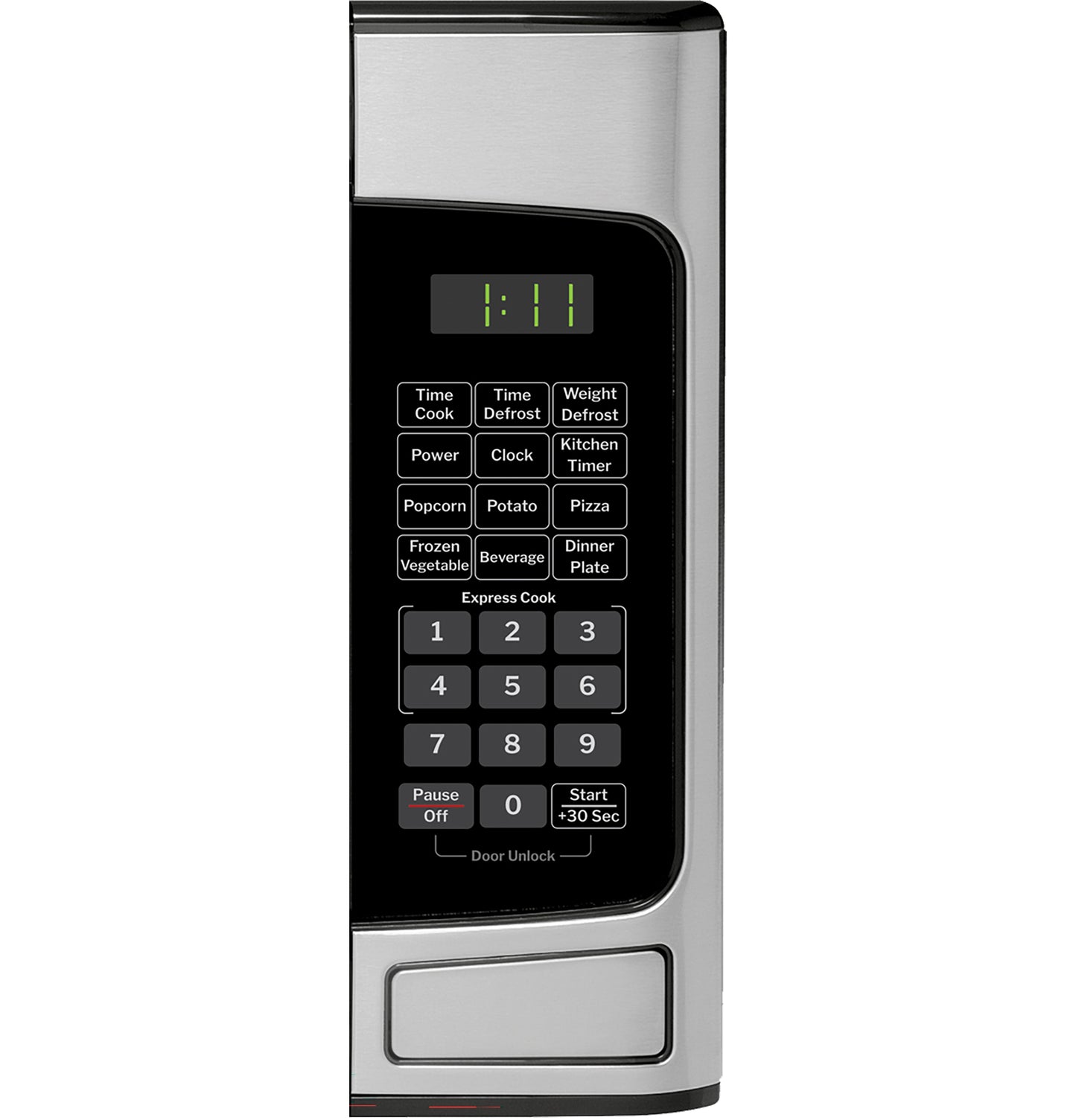 Side view of stainless steel microwave control panel with digital display and preset cooking buttons in countertop microwaves collection