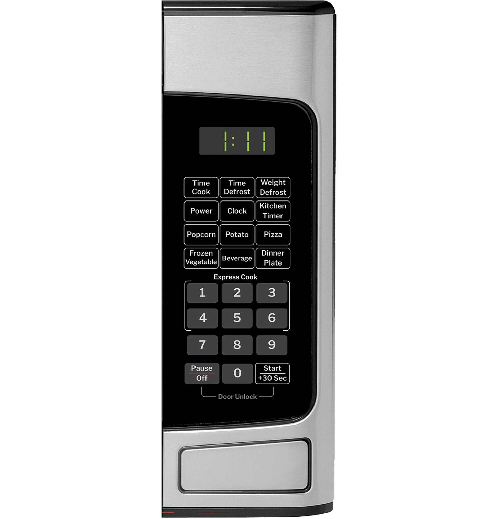 Side view of stainless steel microwave control panel with digital display and preset cooking buttons in countertop microwaves collection