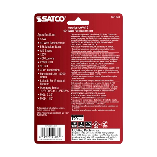 Red and white Satco packaging for 5.5 watt A15 LED bulbs with medium base and warm light, showing product specs for electrical supplies.