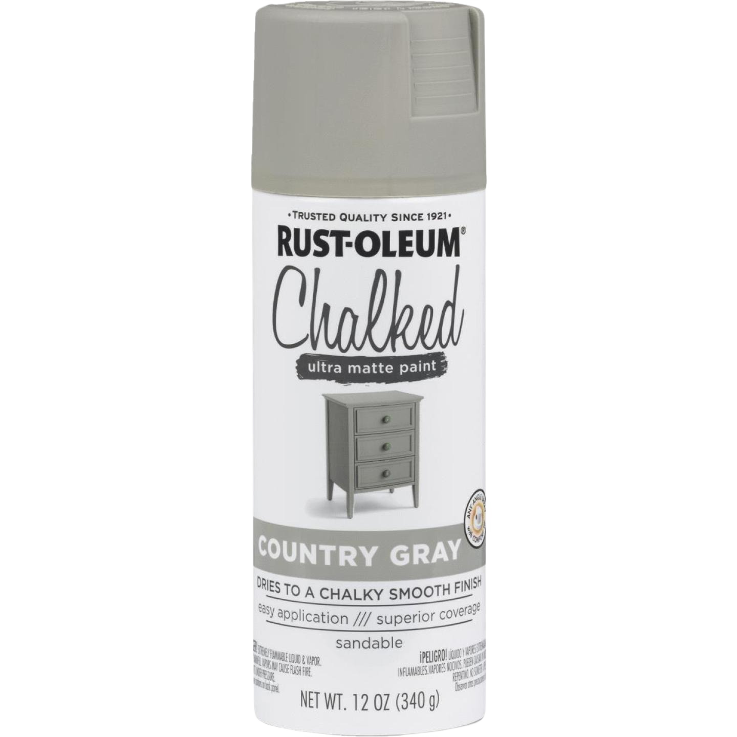 Rust-Oleum Chalked Country Gray spray paint can with matte finish, ideal for furniture and home improvement projects under $50.
