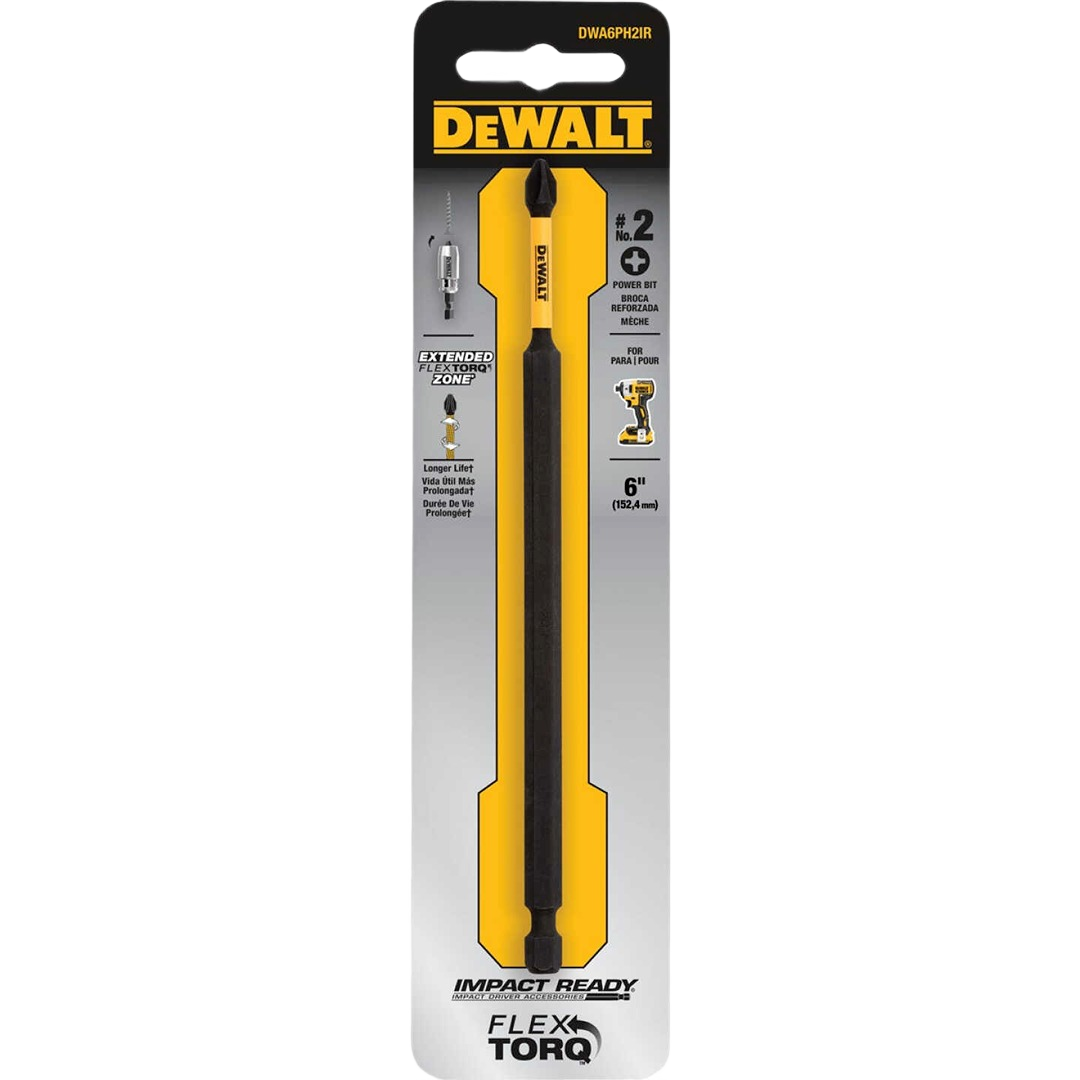 DEWALT 6-inch Phillips #2 impact bit in yellow and black packaging for power tool accessories and home improvement