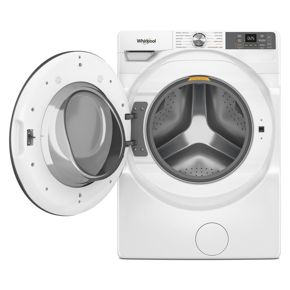 White front load washer from washers and dryers collection with open door and digital control panel