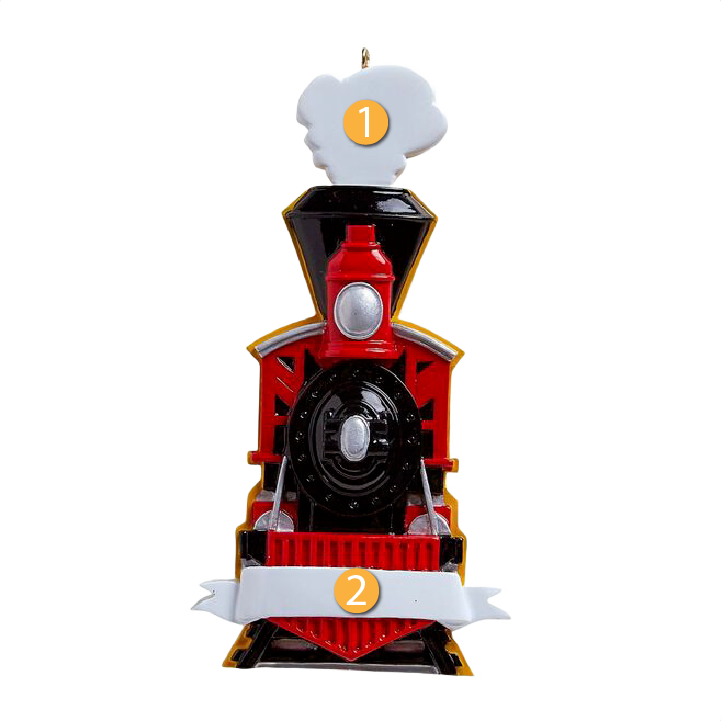 Red and black front-facing train ornament with personalized white banner for Christmas Ornaments & Tree Decorations under $50 collection