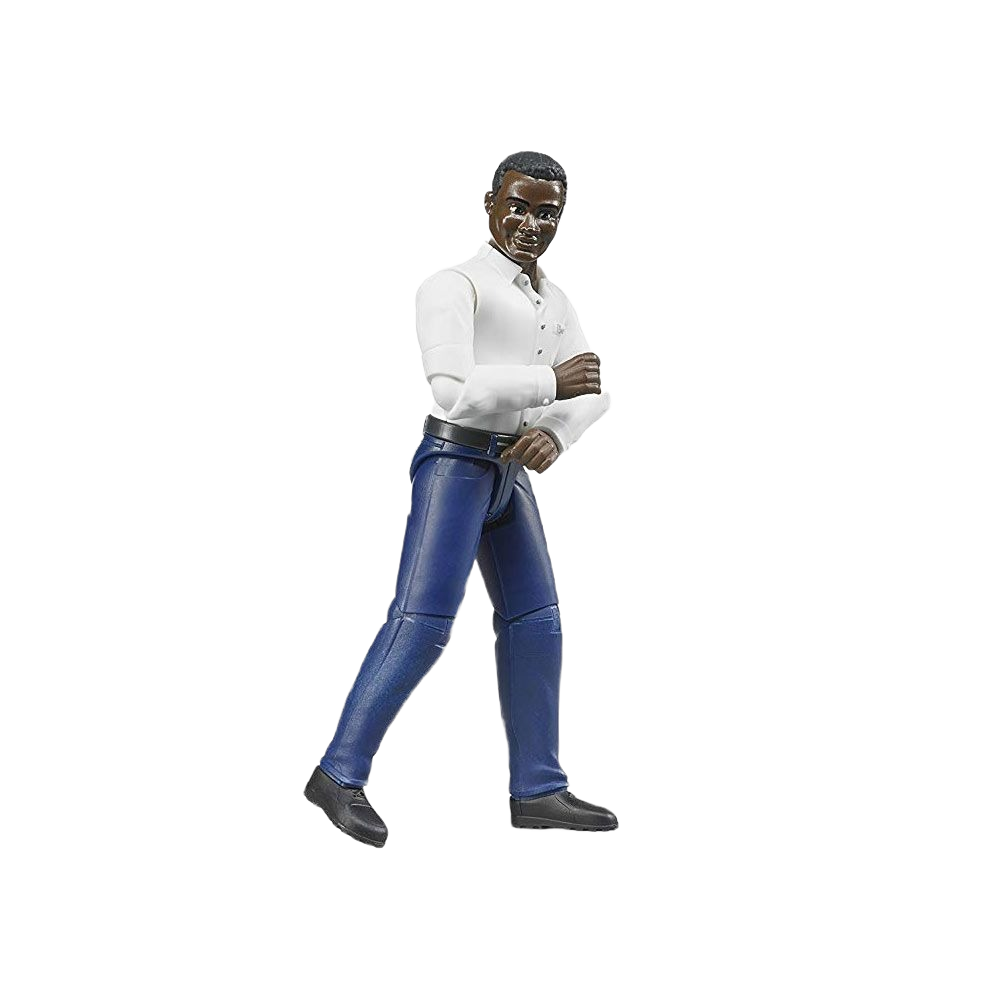 Posable dark-skinned male toy figure wearing a white shirt and dark blue jeans for imaginative play