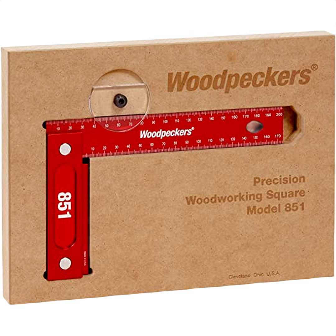 Red precision woodworking square with metal construction and clear engraved measurement markings in protective case