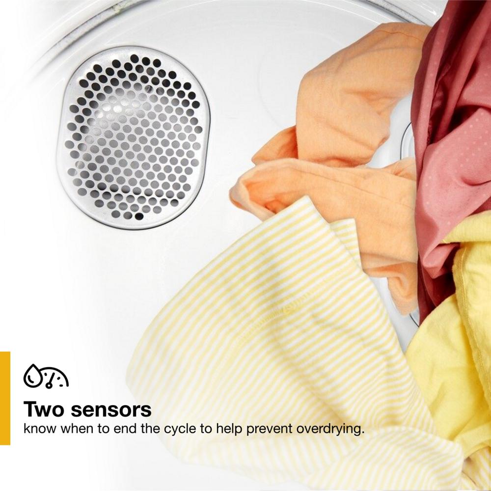 Inside view of compact dryer drum with colorful clothes and sensor vent for preventing overdrying