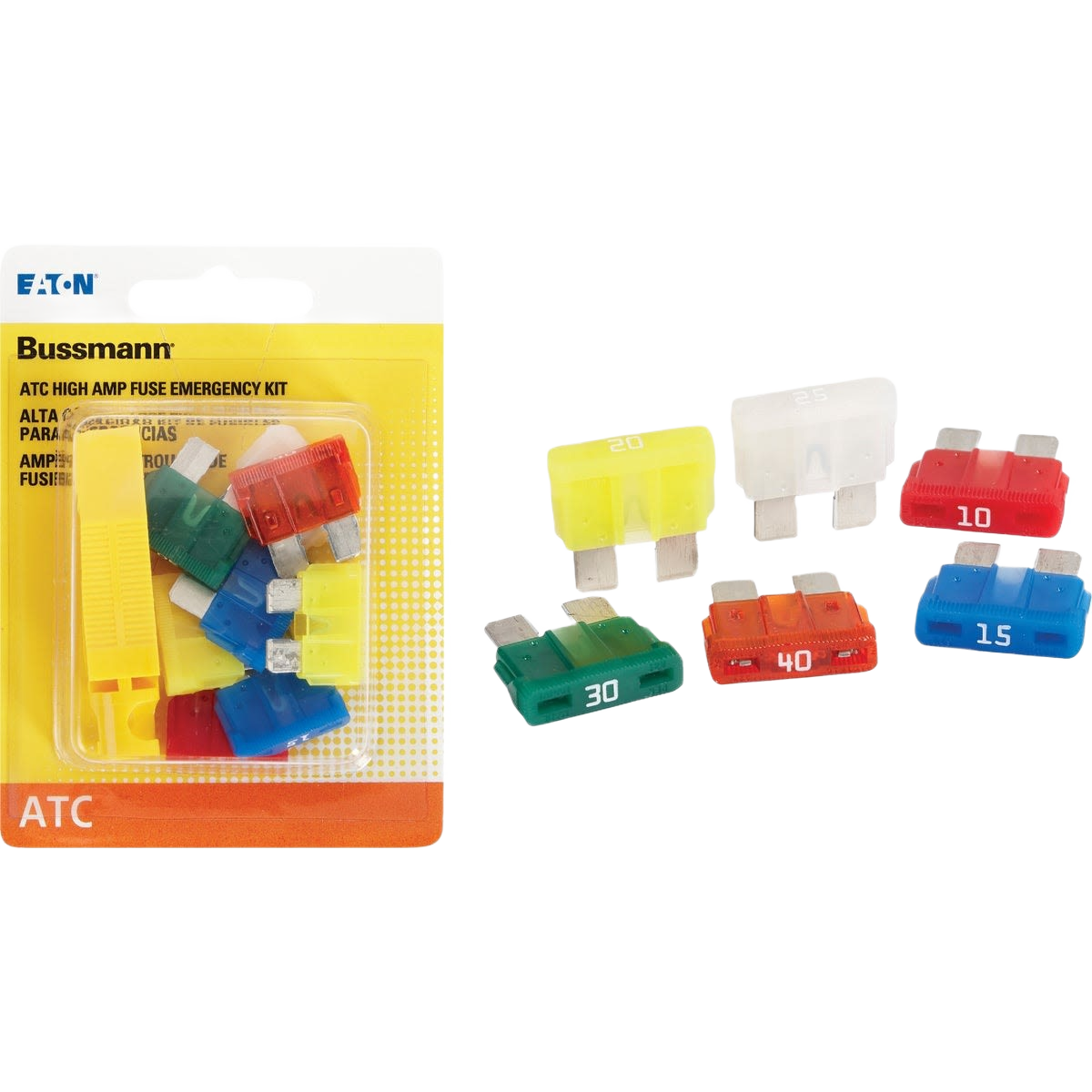 Assorted high amp blade fuses in various colors with amperage labels and yellow plastic fuse puller for tools and home use