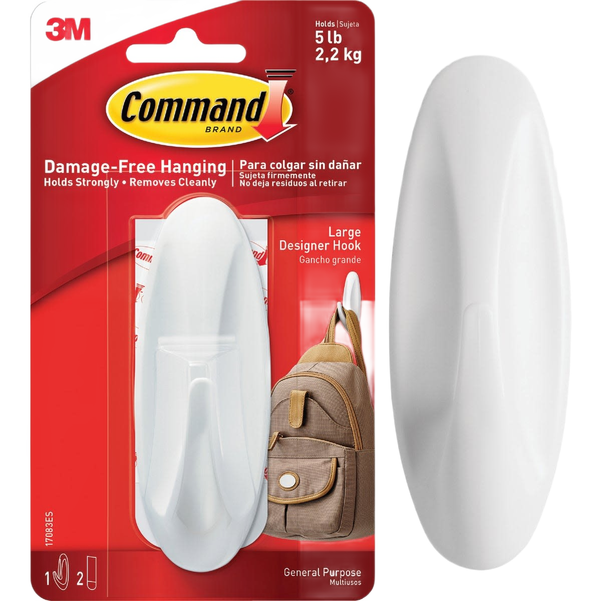 White large adhesive utility hook for damage-free hanging in hardware and fasteners collection under 5-pound capacity