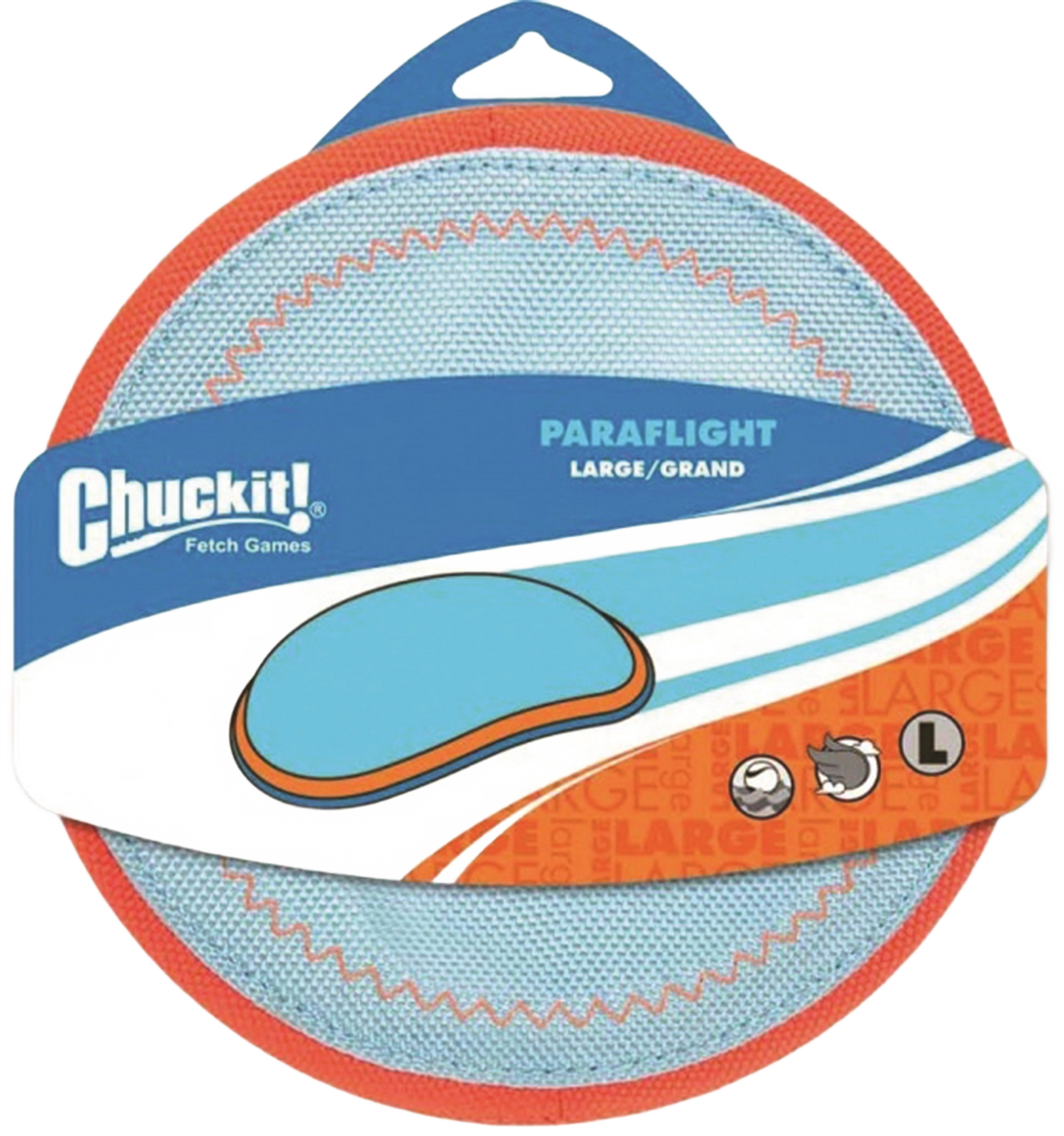 Blue and orange Chuckit! paraflight disc dog toy in packaging for outdoor play under $50 in pet supplies collection