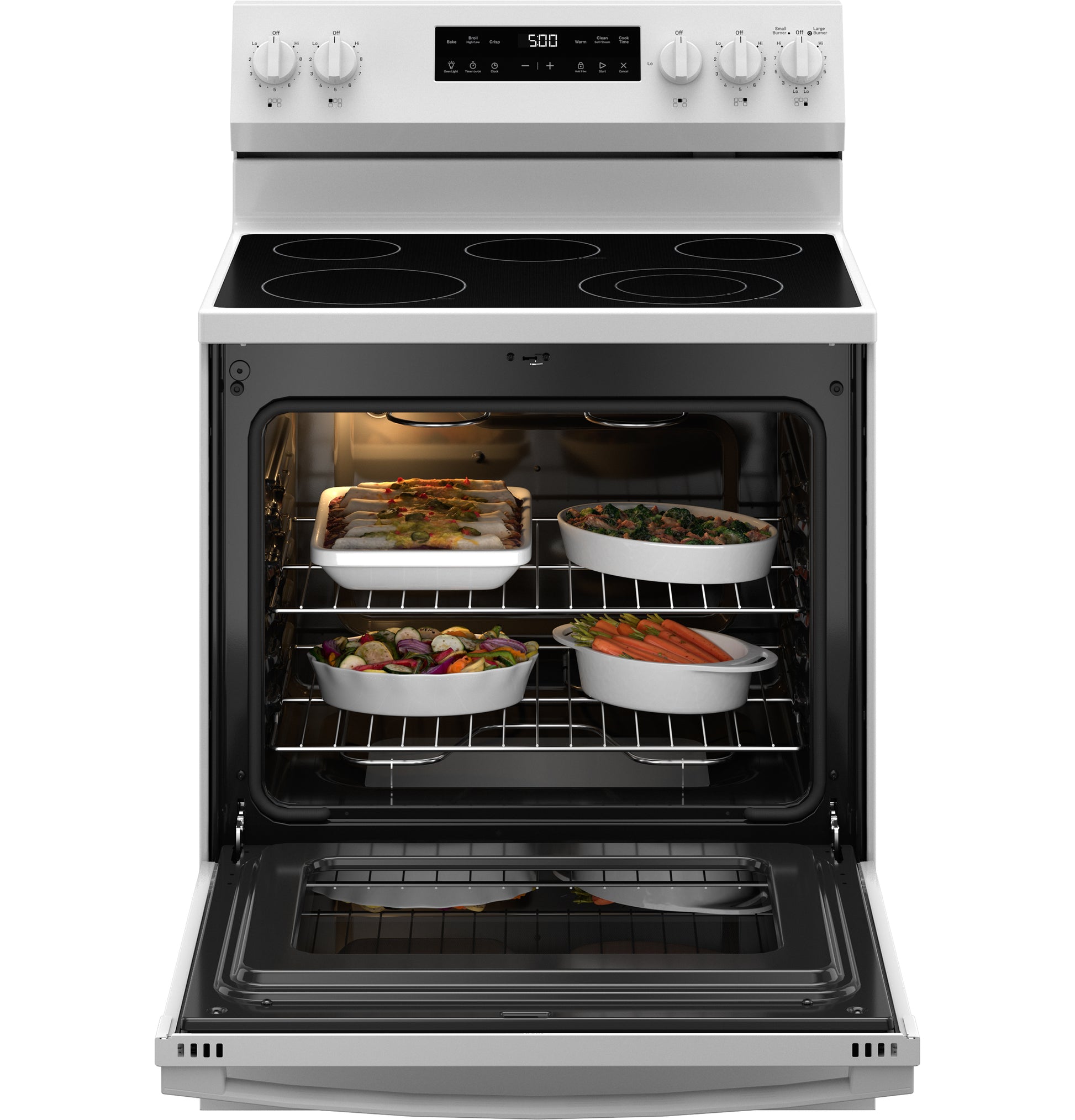 White free-standing electric range with four smooth radiant burners and oven containing casserole dishes with food inside