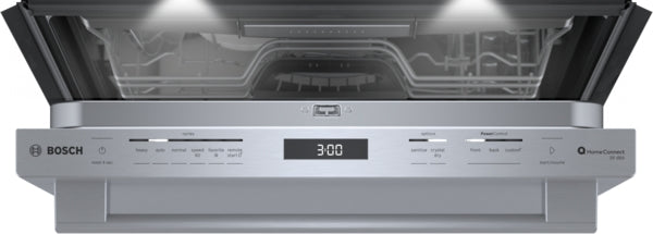 Front view of stainless steel Bosch dishwasher control panel with digital display and open door in kitchen appliances collection