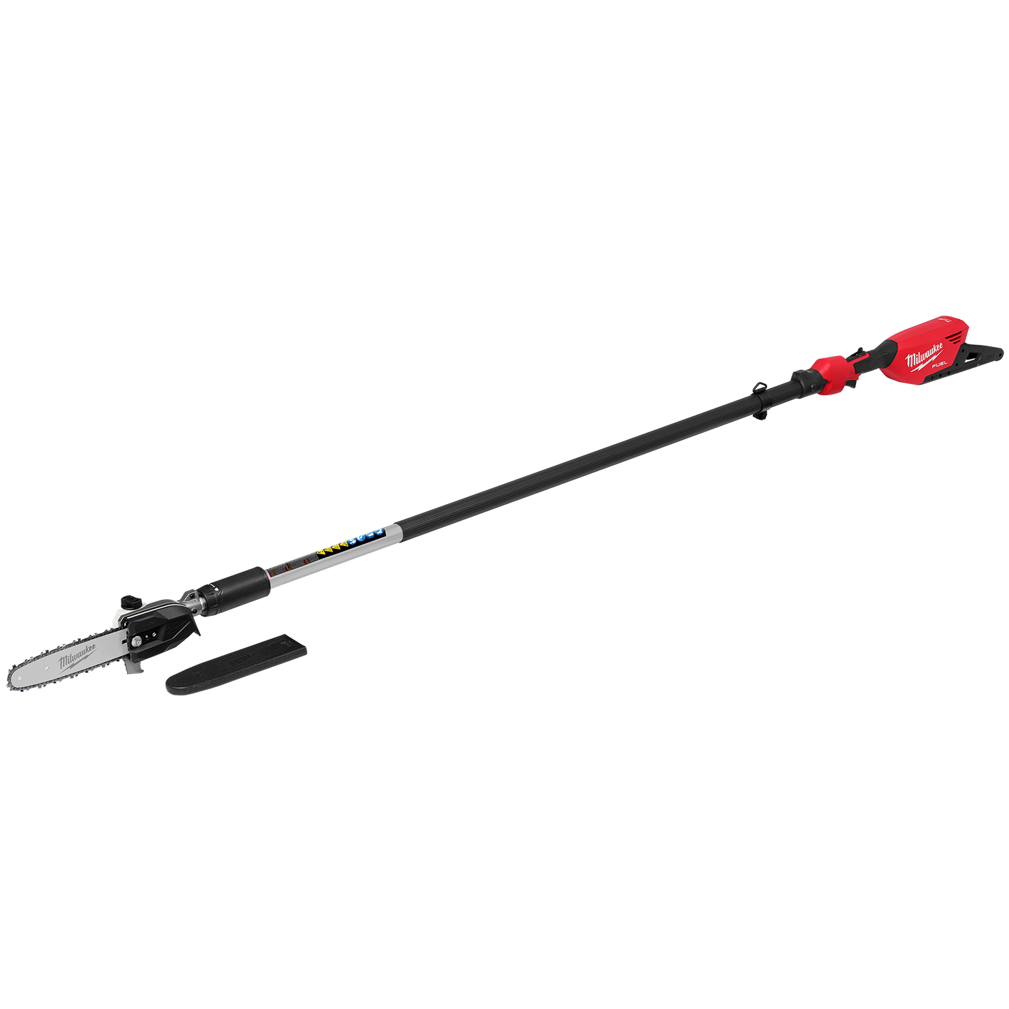 Red and black telescoping pole saw with compact chainsaw head designed for outdoor tree trimming and home improvement tasks