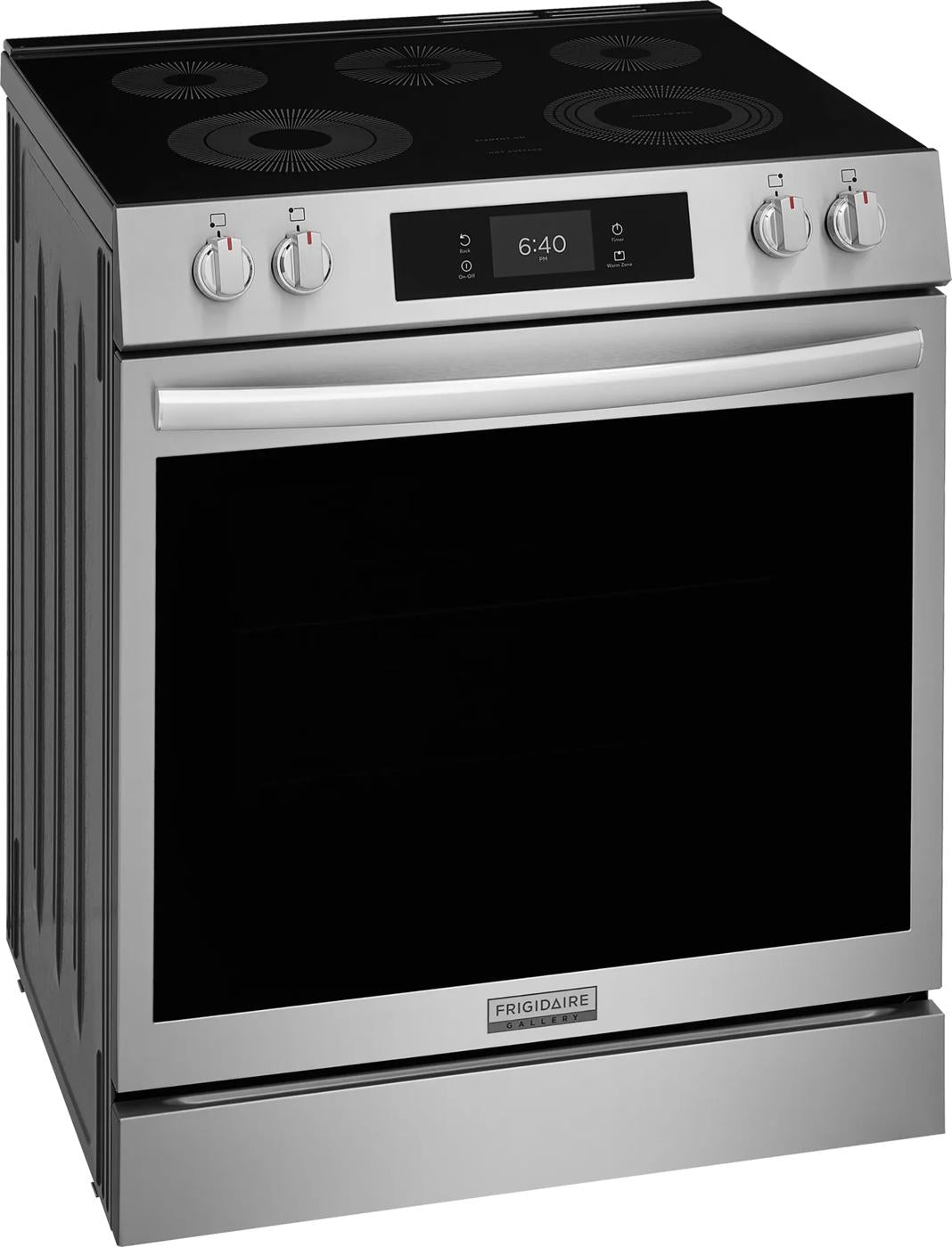 stainless steel electric range with front control knobs, digital display, and smooth cooktop for kitchen appliances and home improvement