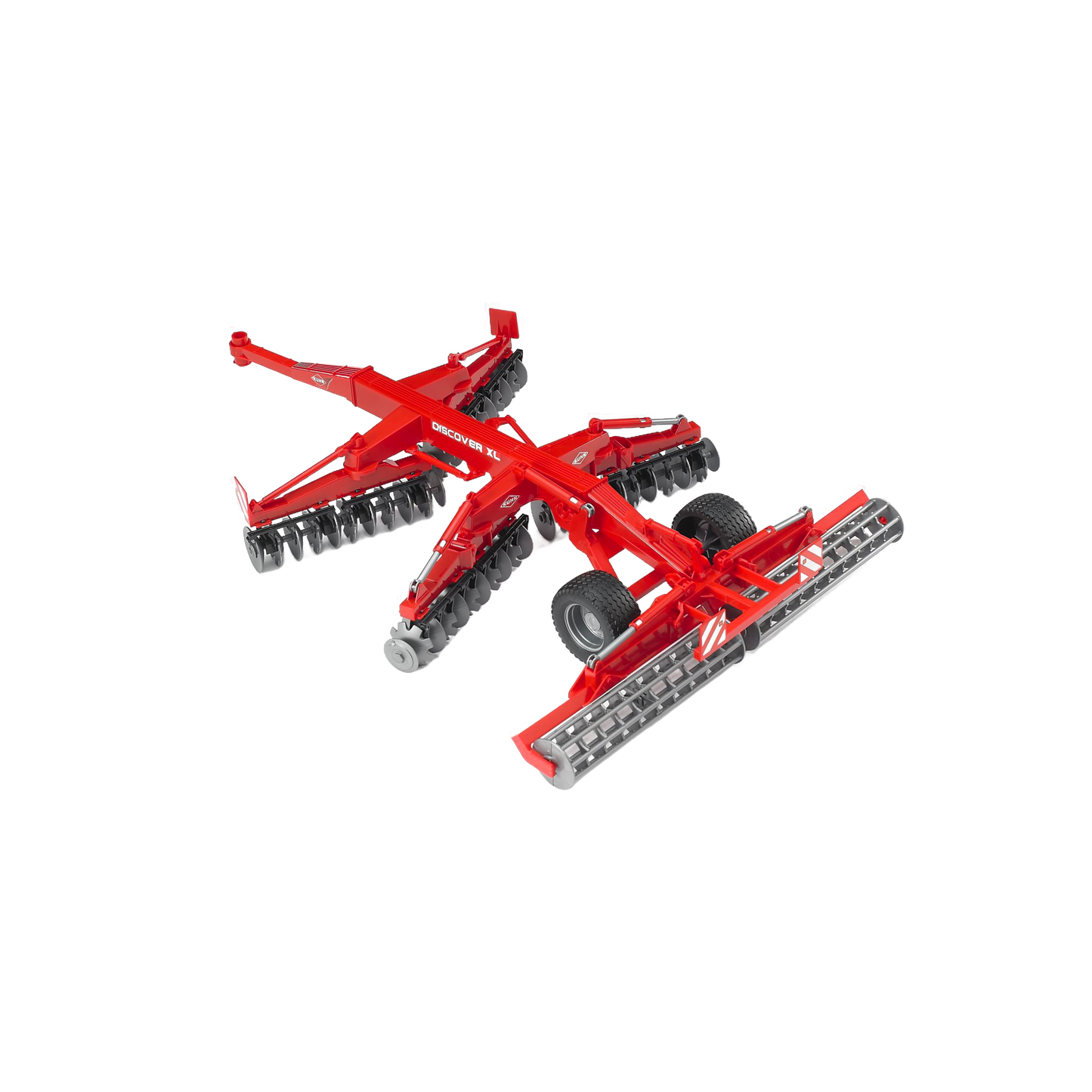 Red toy disc harrow model with four frames and rotating discs for vehicles and remote-controlled toys collections