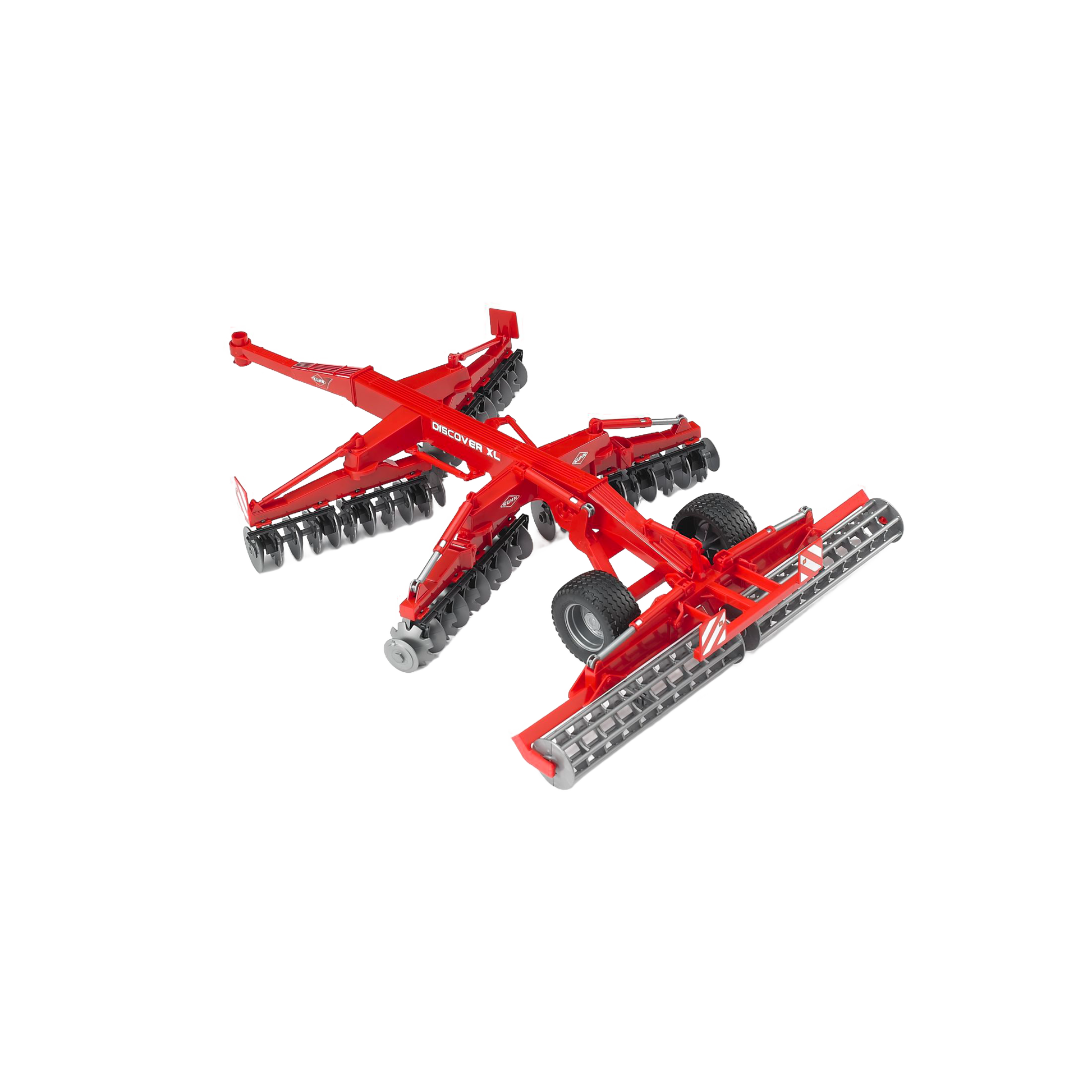 Red toy disc harrow model with four frames and rotating discs for vehicles and remote-controlled toys collections