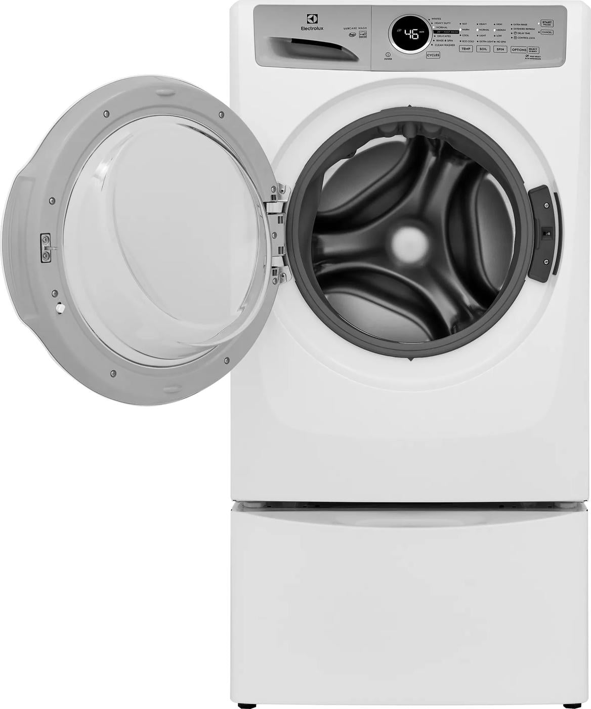 White front load washer with open door showing stainless steel drum and digital control panel from front load washers collection