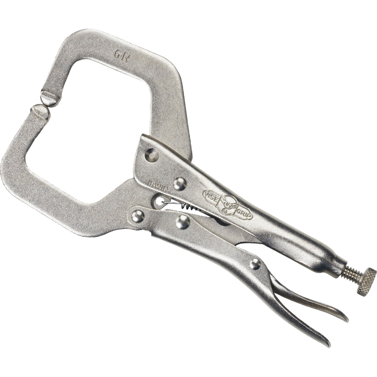 Metal locking C-clamp with adjustable screw and ergonomic handles for secure gripping in home improvement tasks