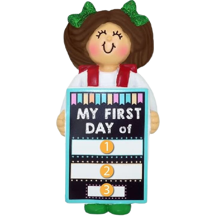 Personalized brunette girl ornament holding My First Day of School sign in Christmas Ornaments & Tree Decorations under $50