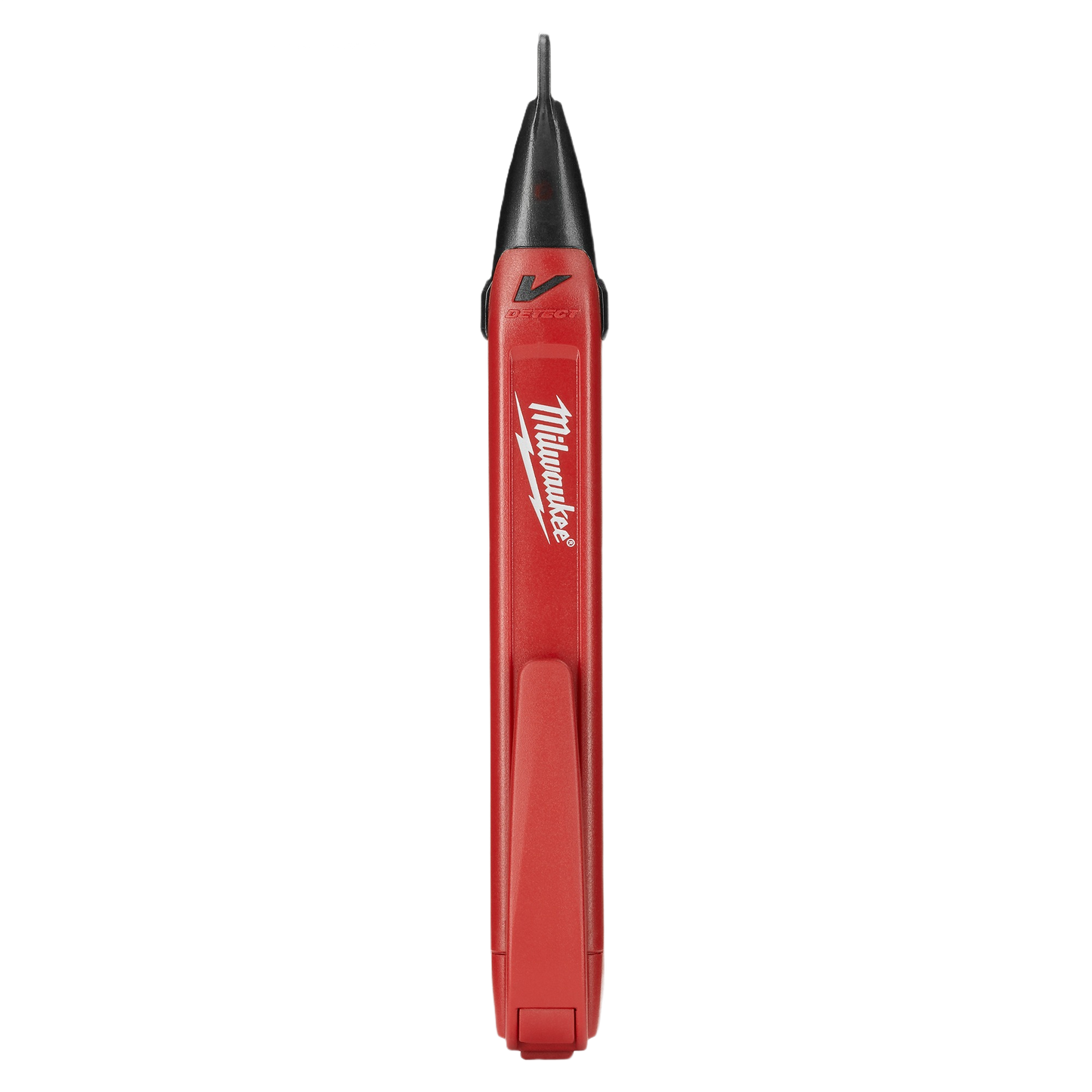 Slim red voltage detector with pocket clip and pointed tip for electrical testing in tools and home improvement projects