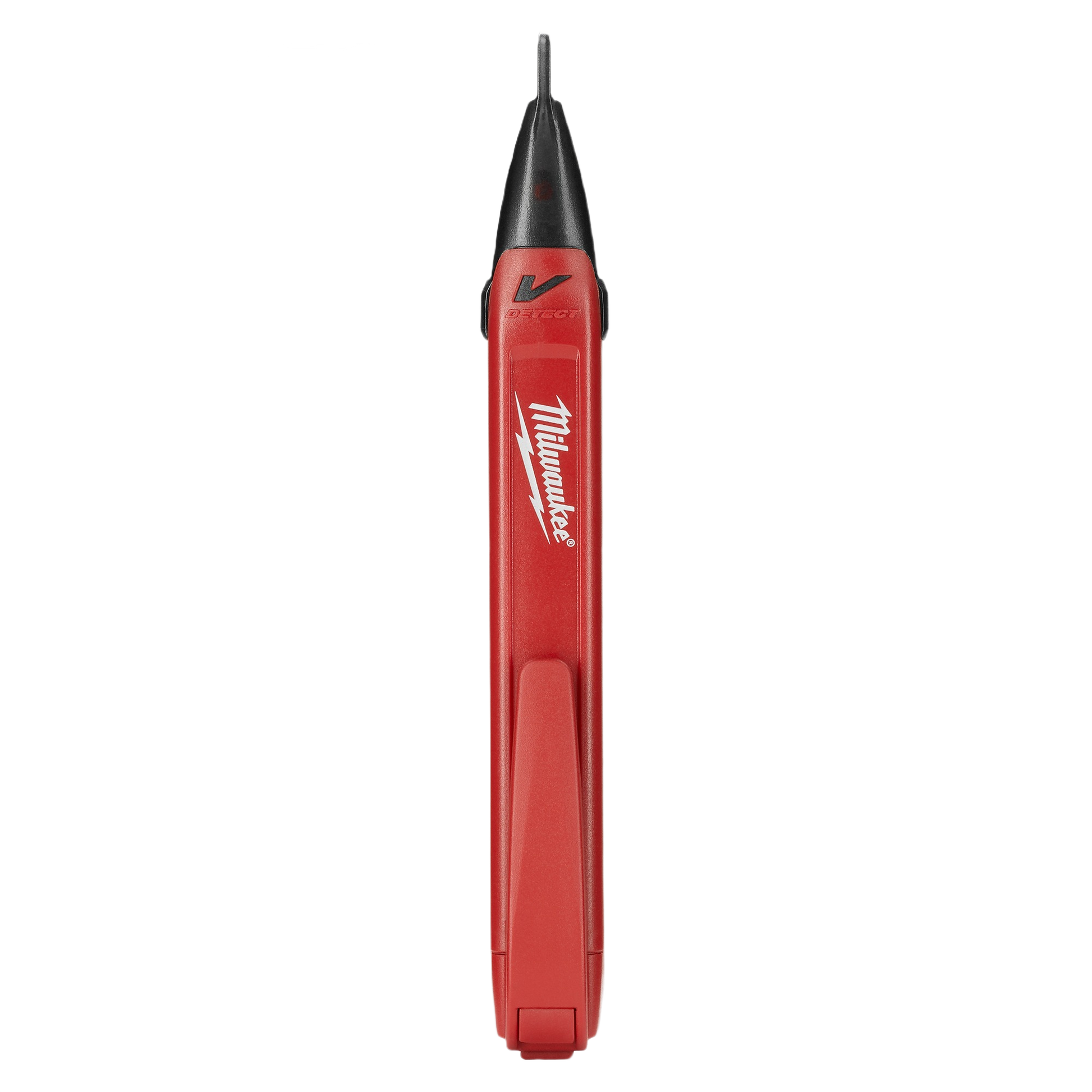 Slim red voltage detector with pocket clip and pointed tip for electrical testing in tools and home improvement projects