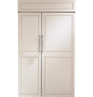 Panel-ready built-in side-by-side refrigerator with light-colored wood panels and stainless steel handles in kitchen appliances collection