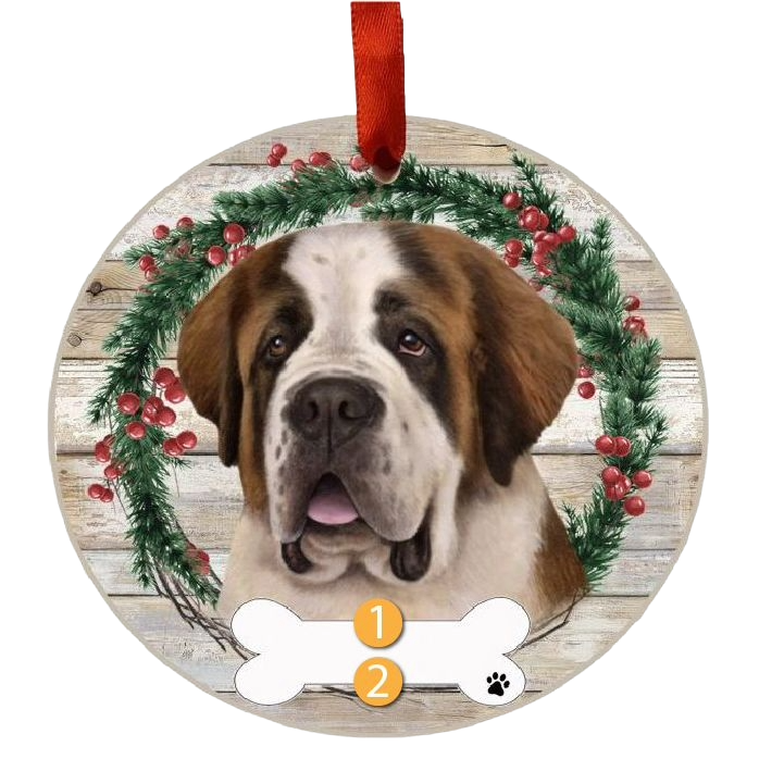 Round Christmas ornament featuring a Saint Bernard face inside a festive green wreath with red berries and wood background