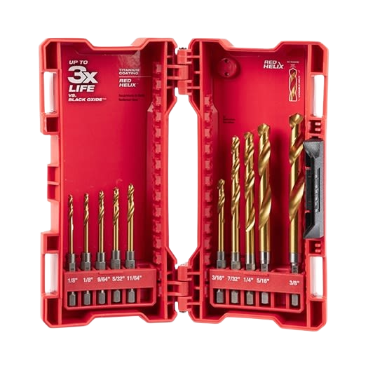 Red case containing a 10-piece titanium-coated drill bit set with various sizes for tool and home improvement use