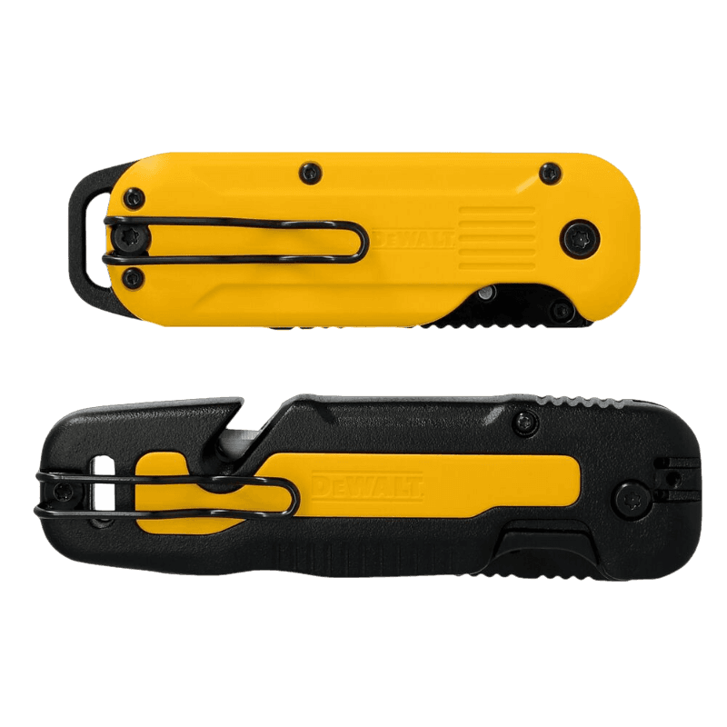 Two compact folding utility knives in yellow and black, designed for cutting tasks in woodworking and home improvement.