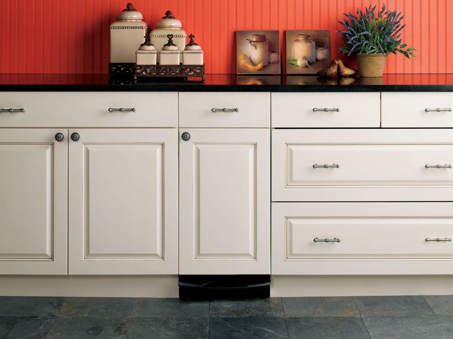 Kitchen with white cabinetry and black countertop featuring a panel-ready built-in compactor amid decorative accents