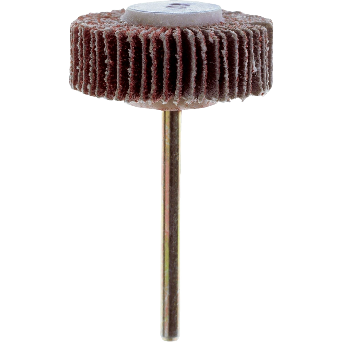 Brown abrasive flap wheel with metal shank for rotary tool accessories in tool and home improvement collections