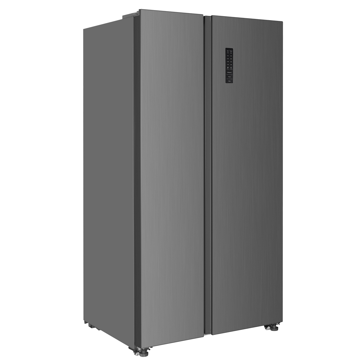 Sleek stainless steel side-by-side refrigerator with digital control panel and counter-depth design, part of kitchen appliances and home improvement collections.