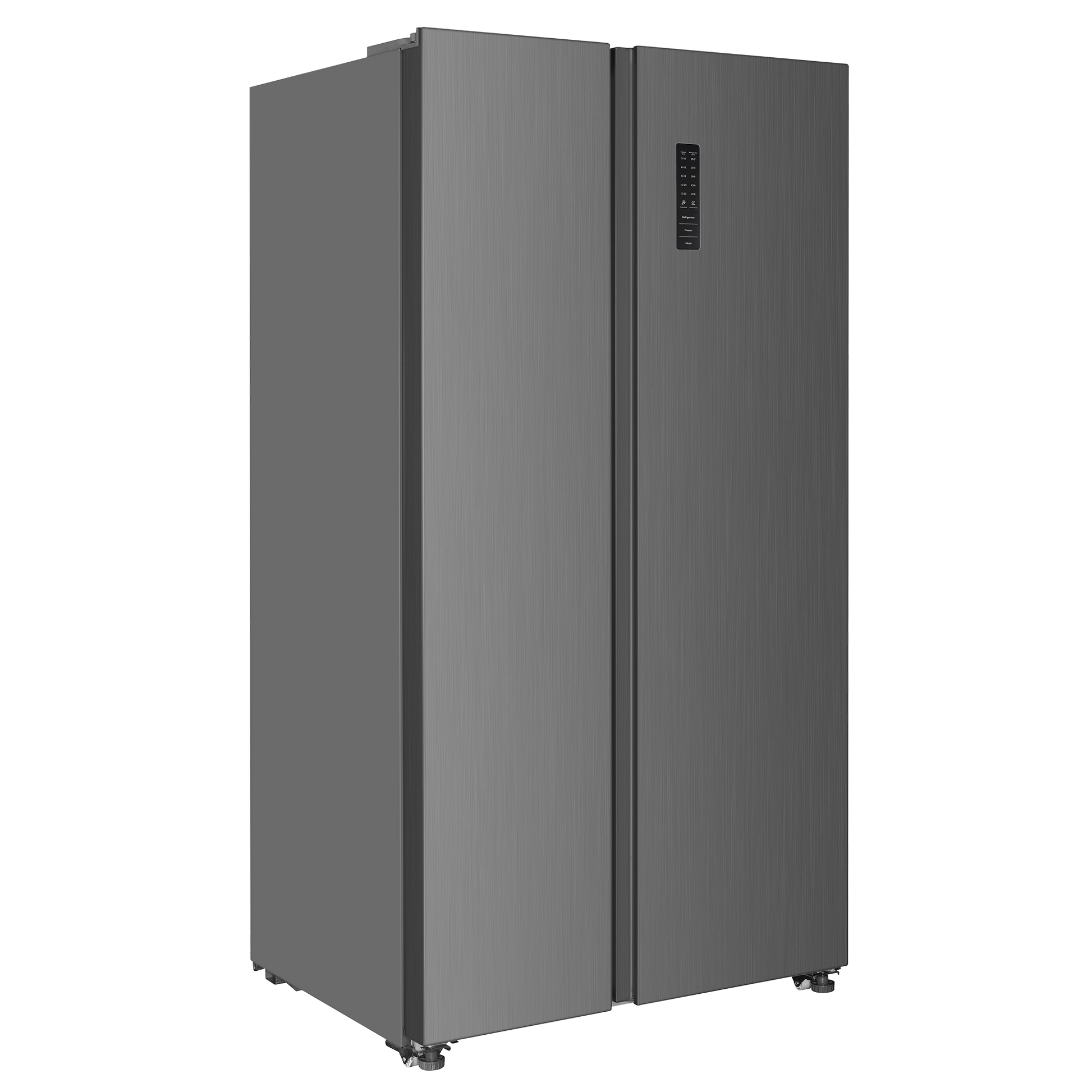 Sleek stainless steel side-by-side refrigerator with digital control panel and counter-depth design, part of kitchen appliances and home improvement collections.