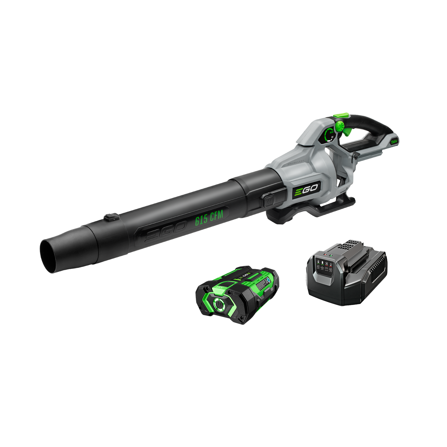Cordless leaf blower with detachable nozzle, battery pack, and charger for outdoor home improvement tasks
