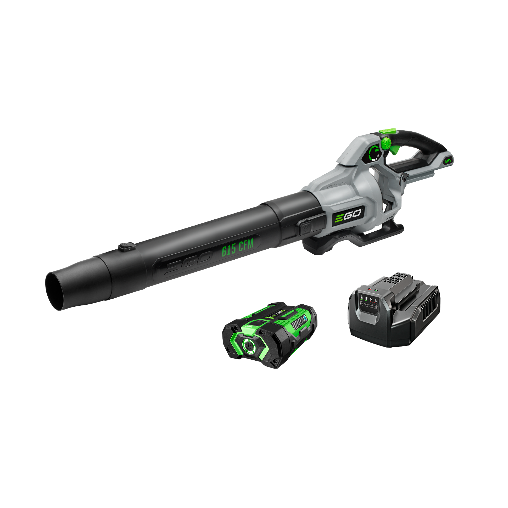 Cordless leaf blower with detachable nozzle, battery pack, and charger for outdoor home improvement tasks