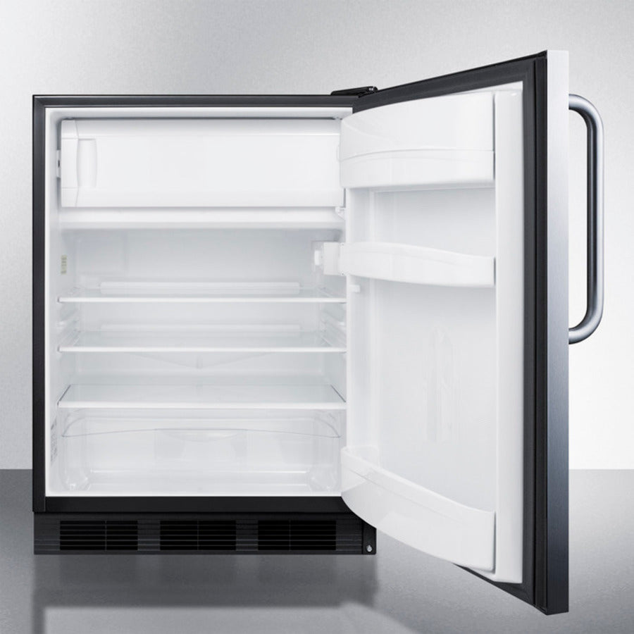 Undercounter stainless steel refrigerator-freezer with multiple shelves and door storage for kitchen and appliance collections