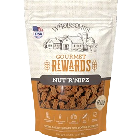 Stand-up pouch of Wholesomes Rewards Nut'R'Nipz gourmet biscuits dog treats in resealable packaging
