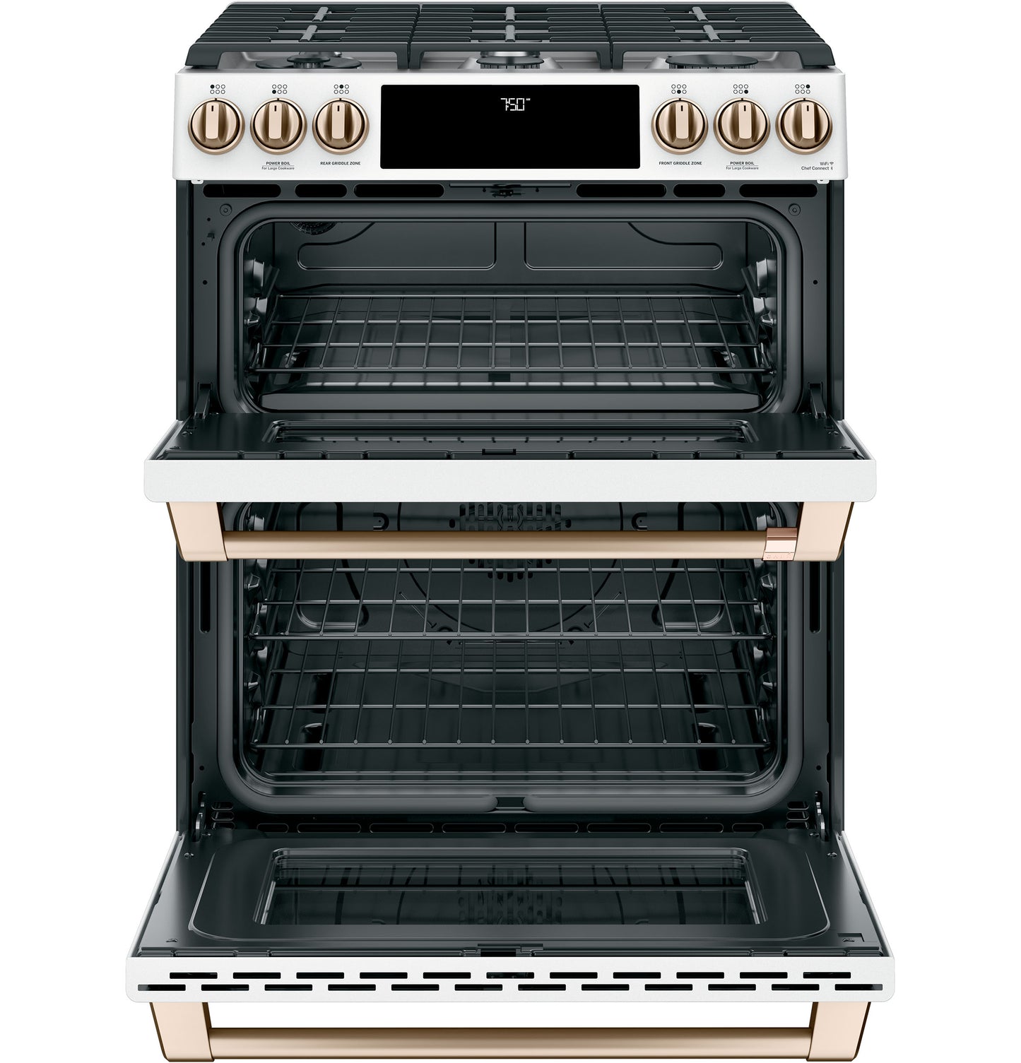 Front-control smart gas double-oven range with convection, bronze-tone knobs, and open doors from Ranges & Kitchenware collections