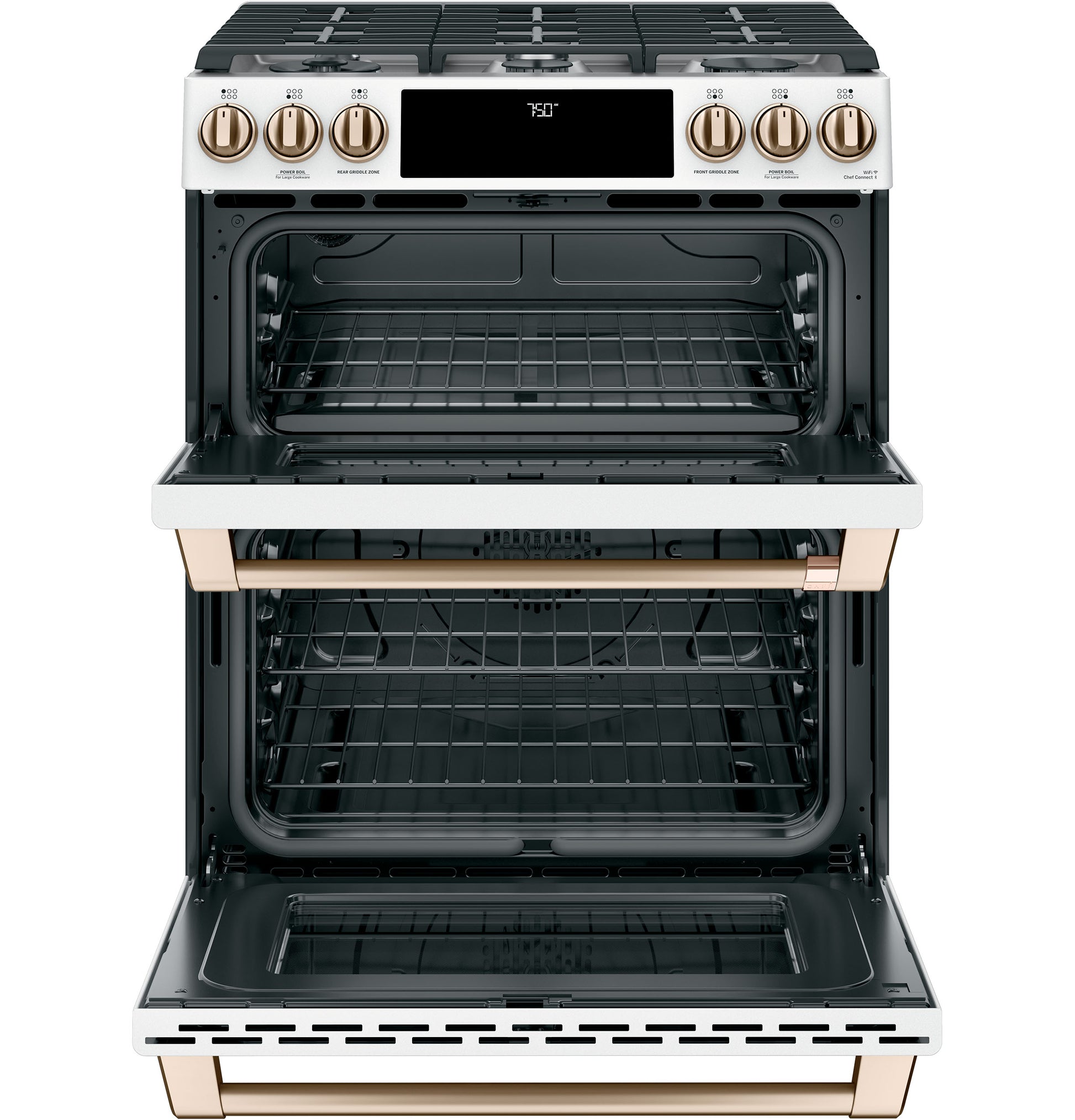 Front-control smart gas double-oven range with convection, bronze-tone knobs, and open doors from Ranges & Kitchenware collections