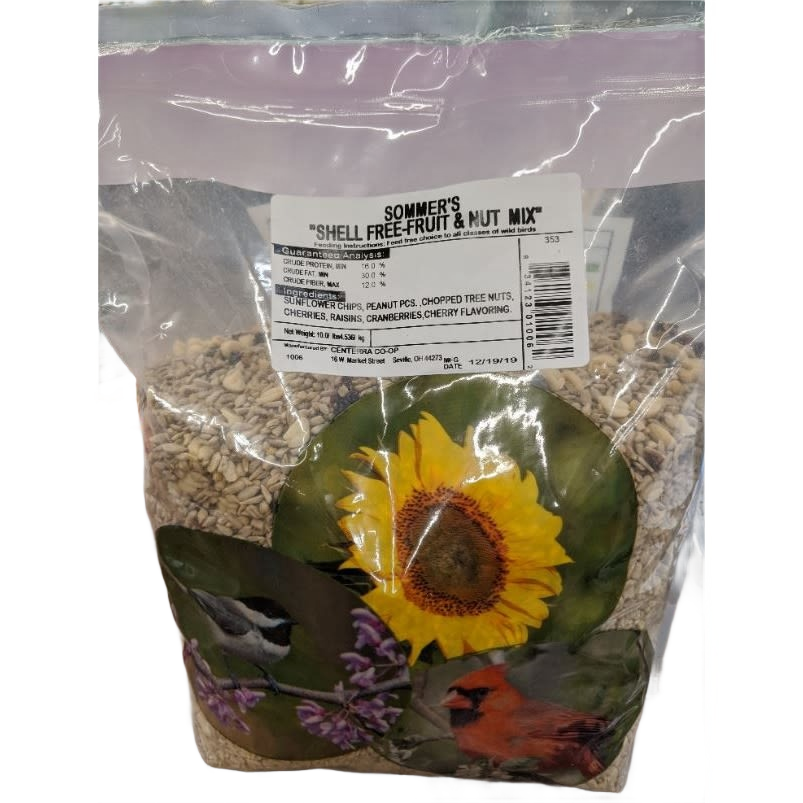 Clear resealable bag of shell-free bird food mix featuring sunflower seeds and images of wild birds and flowers on label