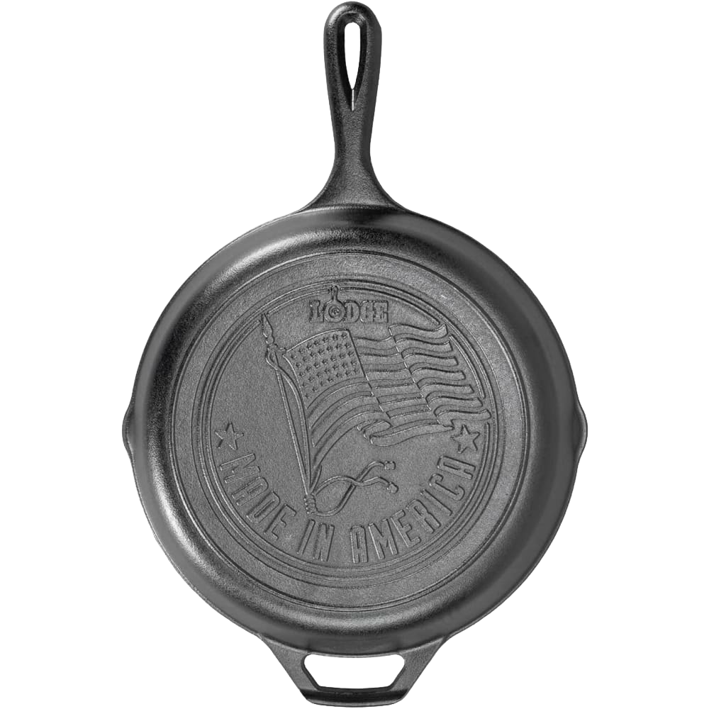 Top view of 10.25-inch cast iron skillet with embossed American flag and "Made in America" text for kitchenware collection