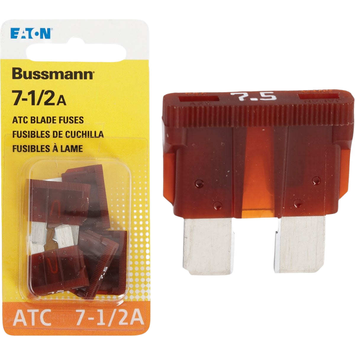 Set of four brown 7.5 amp blade fuses for automotive use with clear plastic and metal prongs for tools and home improvement