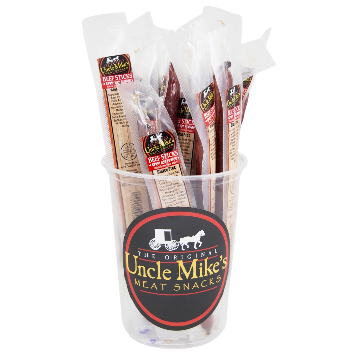 Clear cup filled with individually wrapped spicy beef sticks snack in Chips & Snacks and Food & Beverage collections under $50