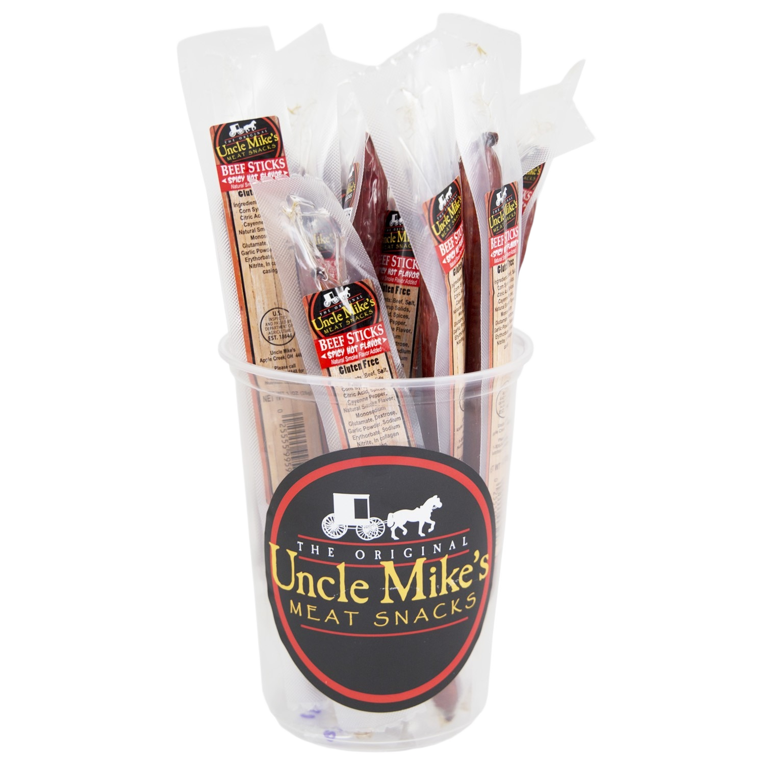 Clear cup filled with individually wrapped spicy beef sticks snack in Chips & Snacks and Food & Beverage collections under $50