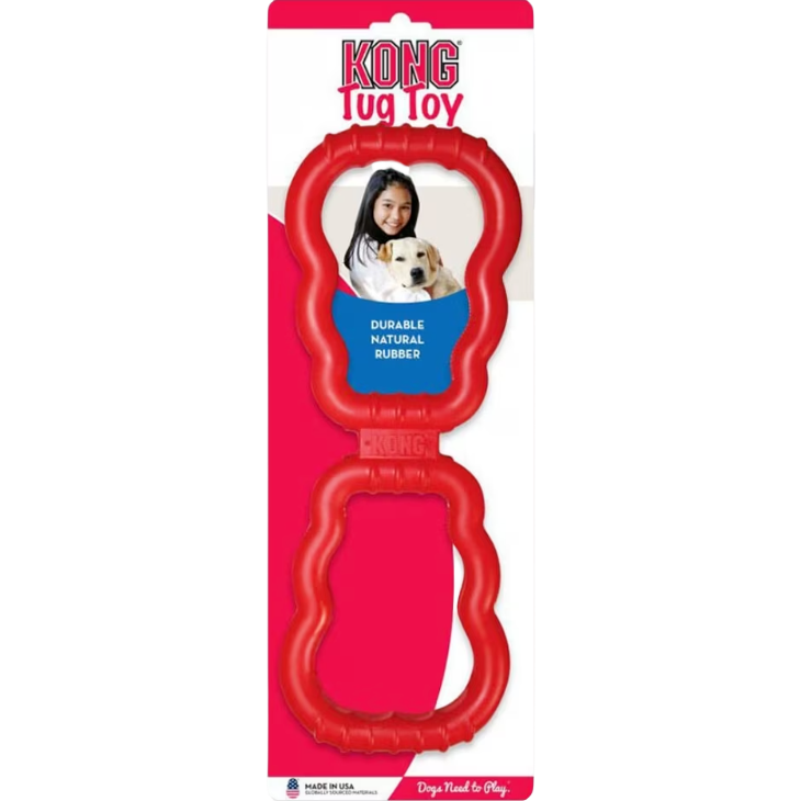 Red durable natural rubber tug toy in packaging with image of person and dog from pet supplies collection