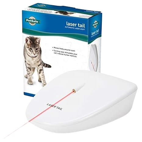 White automatic laser cat toy projecting red beam in front of packaging with cat image and product details