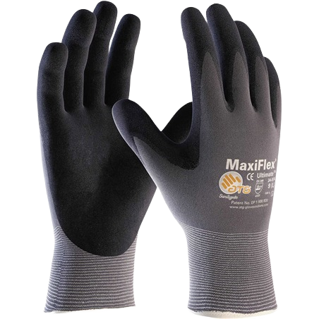 Black and gray seamless knit nylon work gloves with nitrile micro-foam grip for safety and hardware tasks