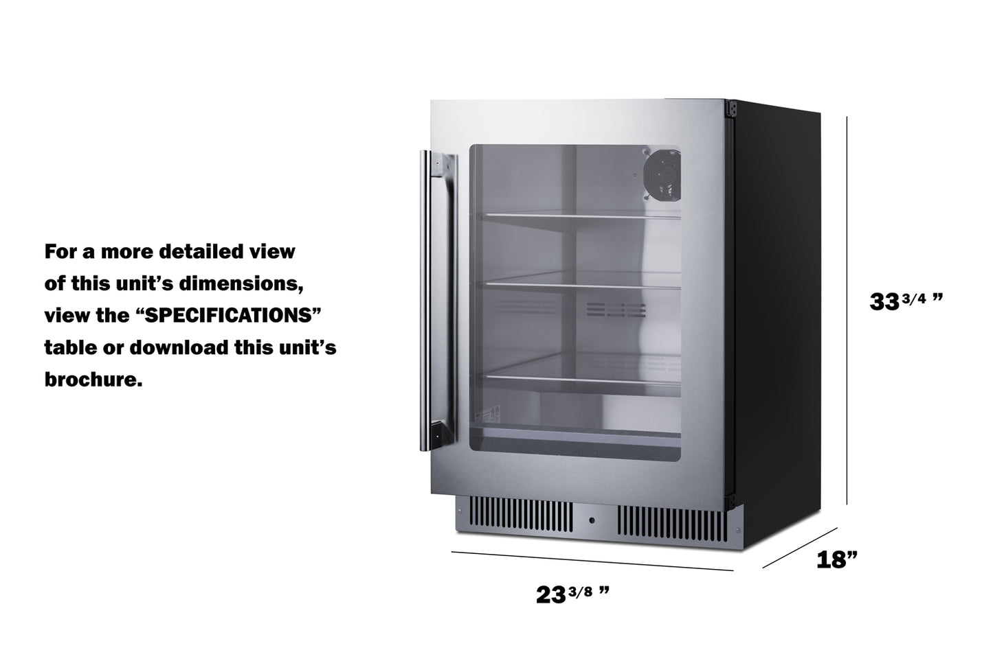 24" wide built-in beverage center with glass door, stainless steel trim, and adjustable interior shelves in modern kitchen appliance setting